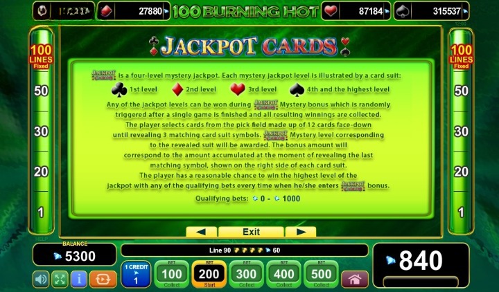 100 Burning Hot Jackpot Cards