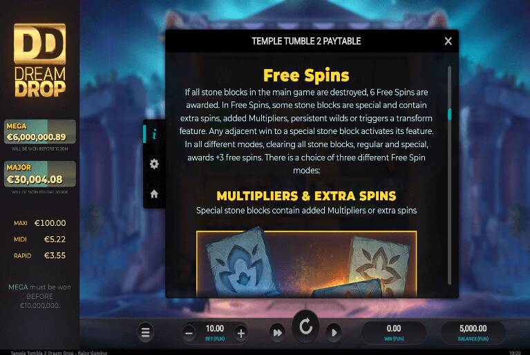 Temple Tumble 2 Multipliers and Extra Spins